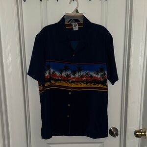 Men's Navy Tropical Palm-Stripe Short-Sleeve Button-Down Shirt